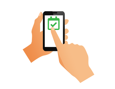 Illustration of person holding a mobile phone with confirmation of appointment booking made online